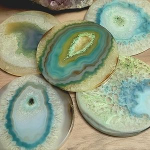 Set of 5 ~ Laser Cut Round GREEN Agate Crystal Coasters